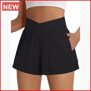 High Waisted Athletic Shorts with Crossover Design and Pocket